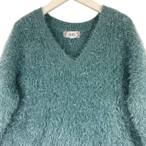 Fuzzy Knit Aqua Blue green Long Sleeve Soft V-Neck Sweater Sz Small by PINK ROSE - Picture 5 of 13